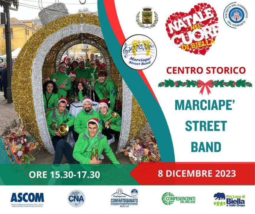 Comunicato. Festa nel centro storico della città di Biella con i Marciapè Street Band dalle 15.30 alle&nbsp;18.30