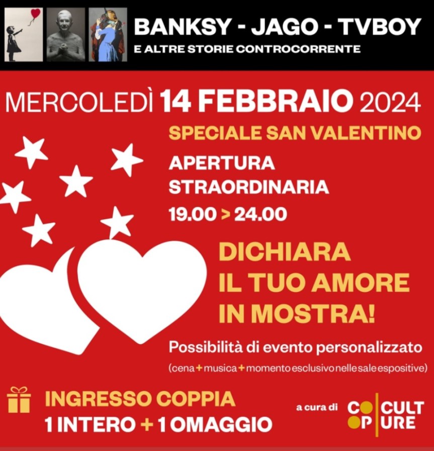 ❤️ 14 02 24 Apertura Straordinaria Serale alla mostra MOSTRA “BANKSY, JAGO, TVBOY E ALTRE STORIE CONTROCORRENTE” A BIELLA PIAZZO PRESSO PALAZZO GROMO LOSA E&nbsp;FERRERO