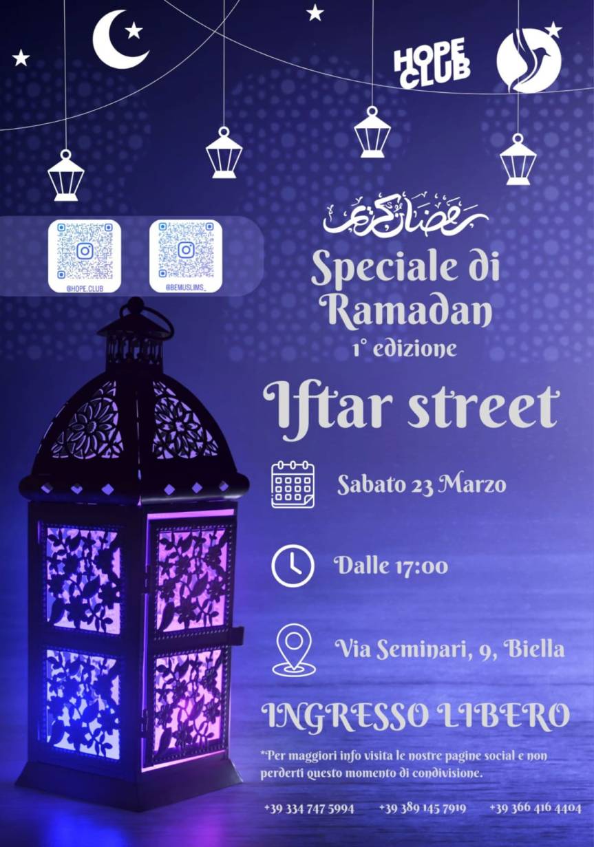 IFTAR STREET . BEMUSLIM E HOPECLUB INSIEME NEL SEMINARIO DIOCESANO PER ANDARE OLTRE LE BARRIERE E LE APPARTENENZE DI FEDI. SARÀ OSPITE IL SINDACO DI BIELLA CLAUDIO&nbsp;CORRADINO