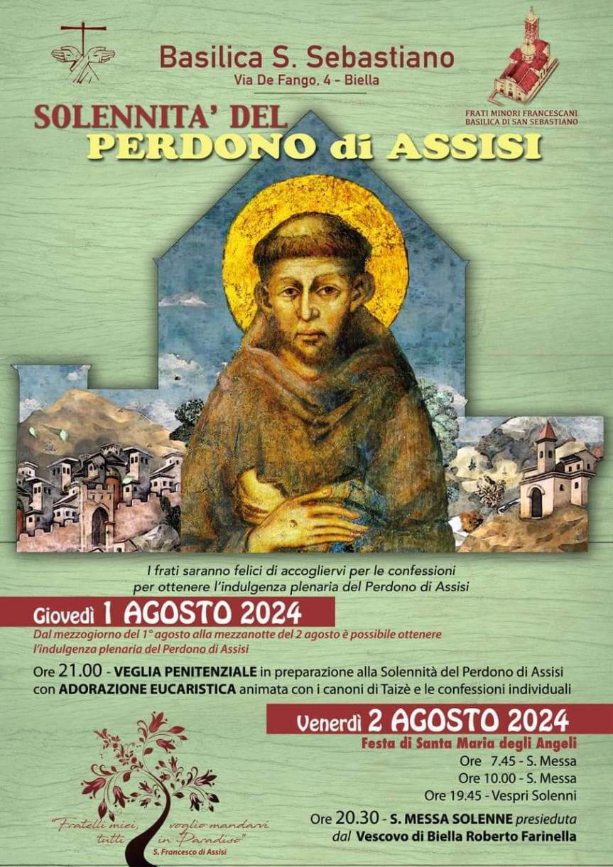 Giovedì 1 e Venerdì 2 agosto il Perdono di Assisi alla Chiesa di San Sebastiano. Venerdì sera alle ore 20.30 sarà presieduta dal Vescovo mons Roberto&nbsp;Farinella