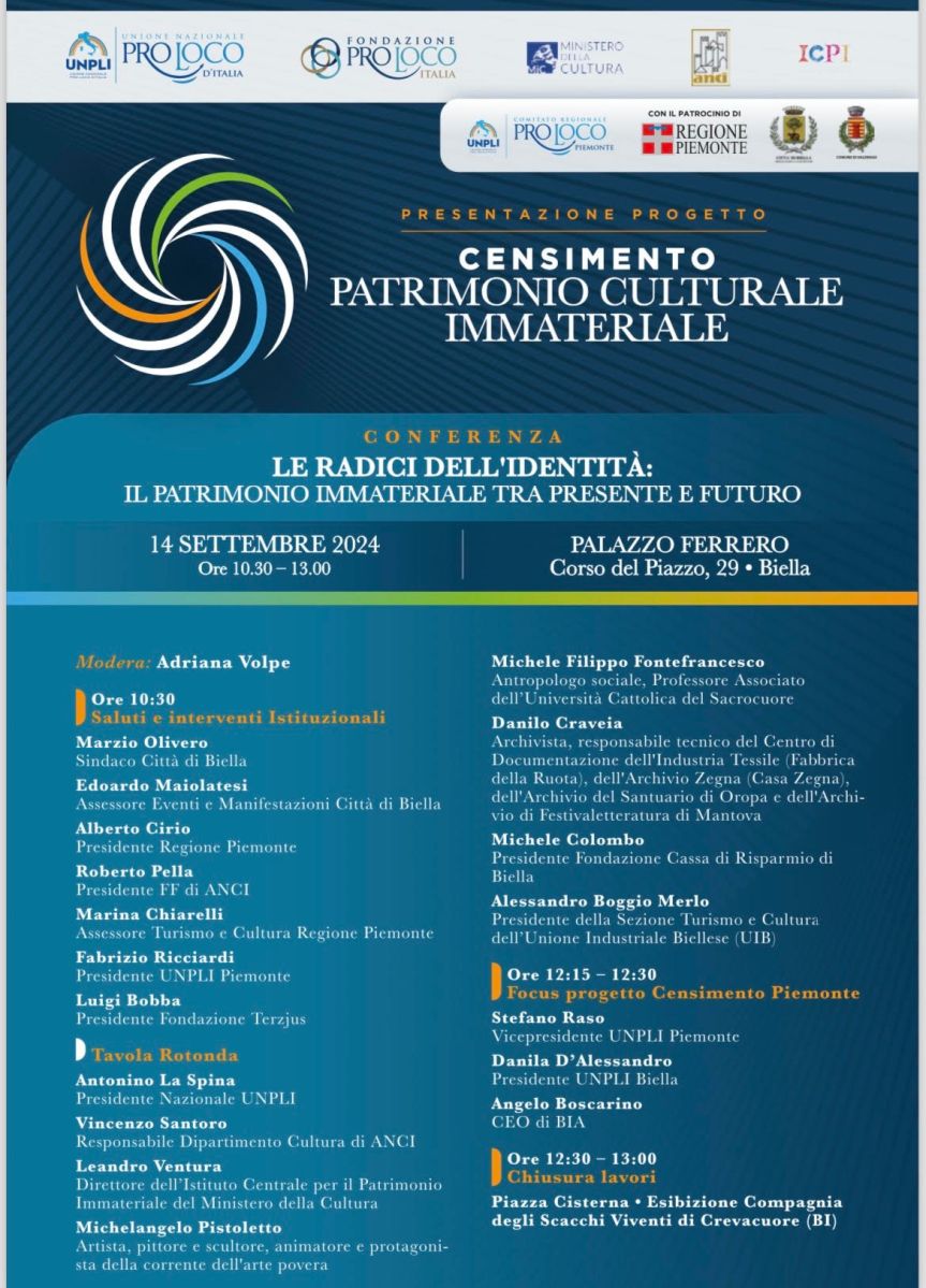 Pro Loco, Censimento Patrimonio Immateriale. Se ne parla Sabato alle 10.30 a Palazzo Ferrero. Sarà Presente il Sindaco Marzio Olivero, Roberto Pella & il Preso della Regione Alberto&nbsp;Cirio.