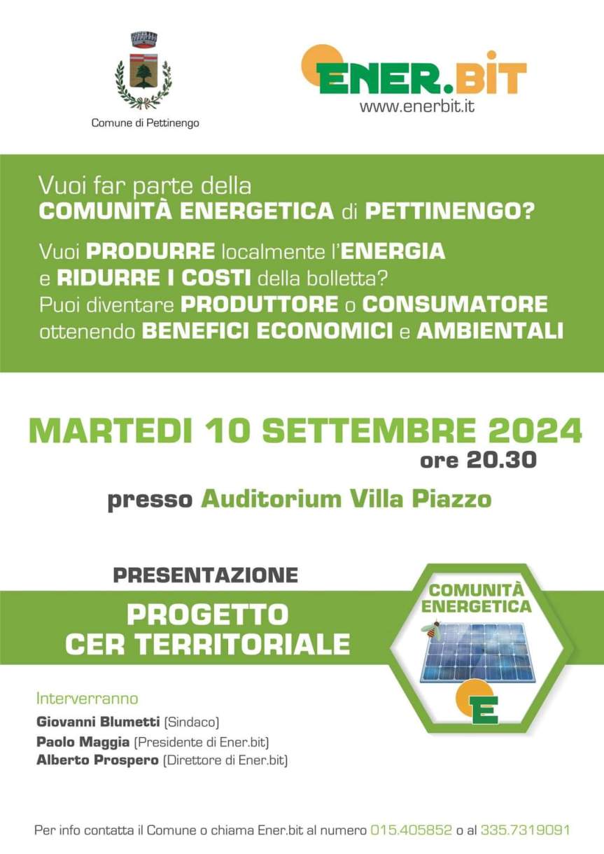 Ener.bit, si parla di CER a PettinengoMartedì 10 settembre 2024, presso l’Auditorium di Villa Piazzo, l’incontro aperto a tutti gli&nbsp;interessati.