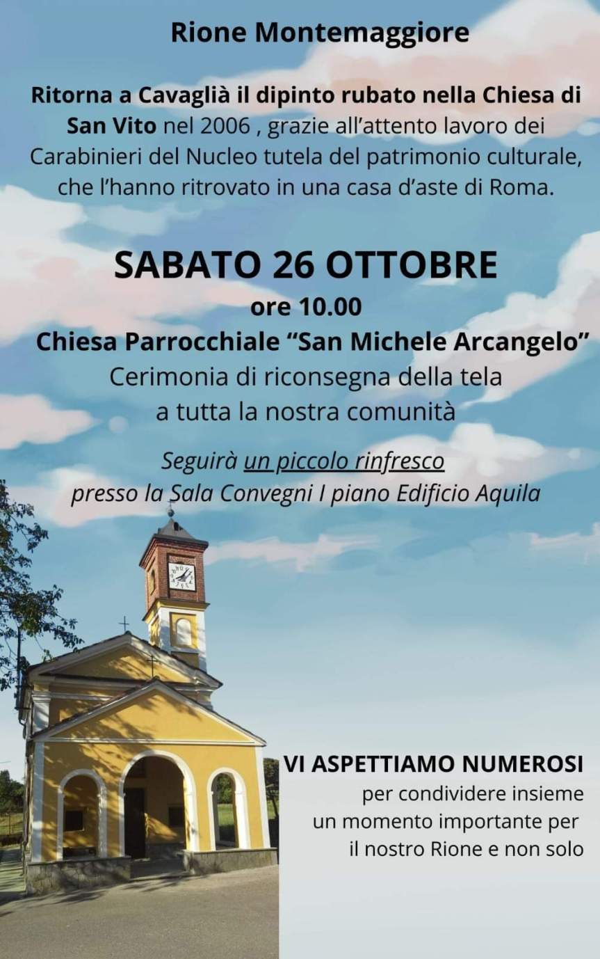 Sabato 26 ottobre torna a Cavaglià il dipinto rubato grazie all’attento lavoro dei&nbsp;carabinieri