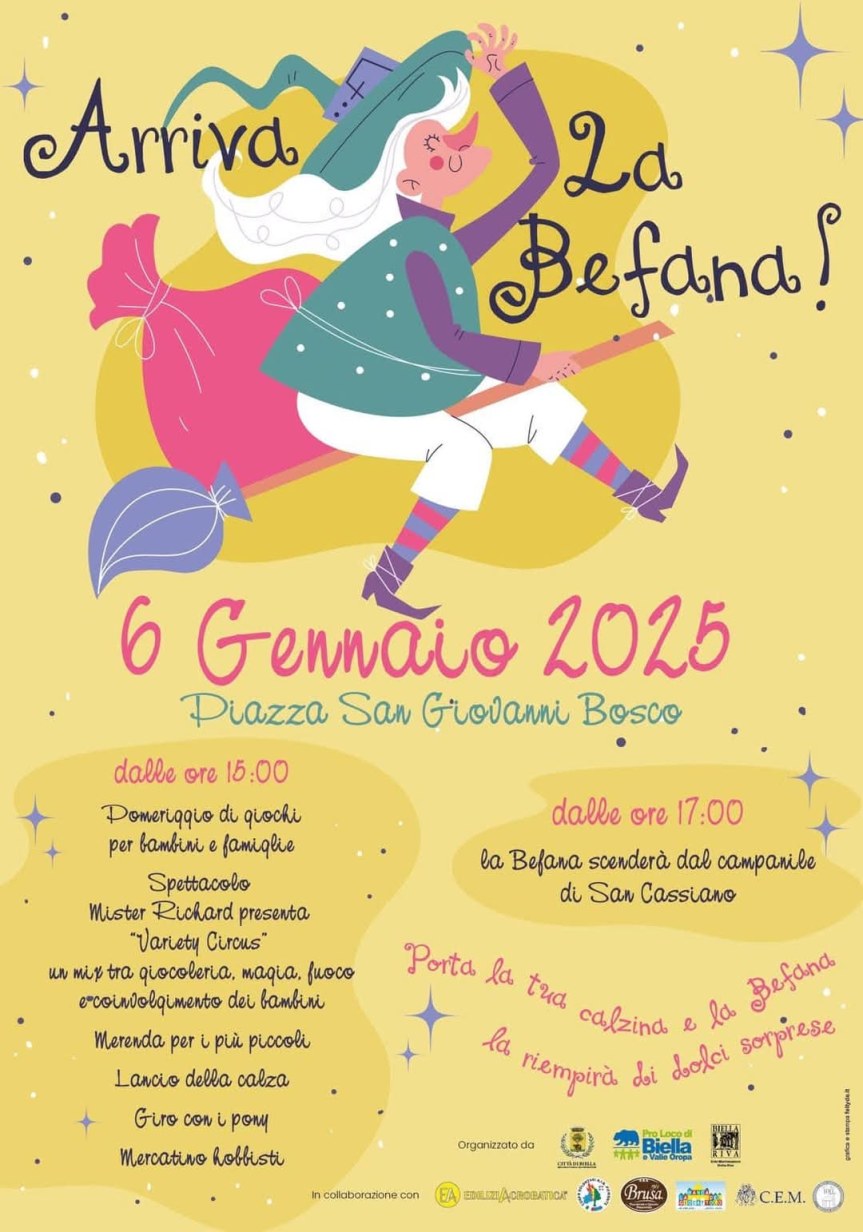 Tempo di Befana. La Befana Biellese cade dal campanile di Riva lunedì 6 gennaio. Dalle ore 15.00 diversi eventi e dalle ore 17.00 la Befana per grandi e&nbsp;piccini
