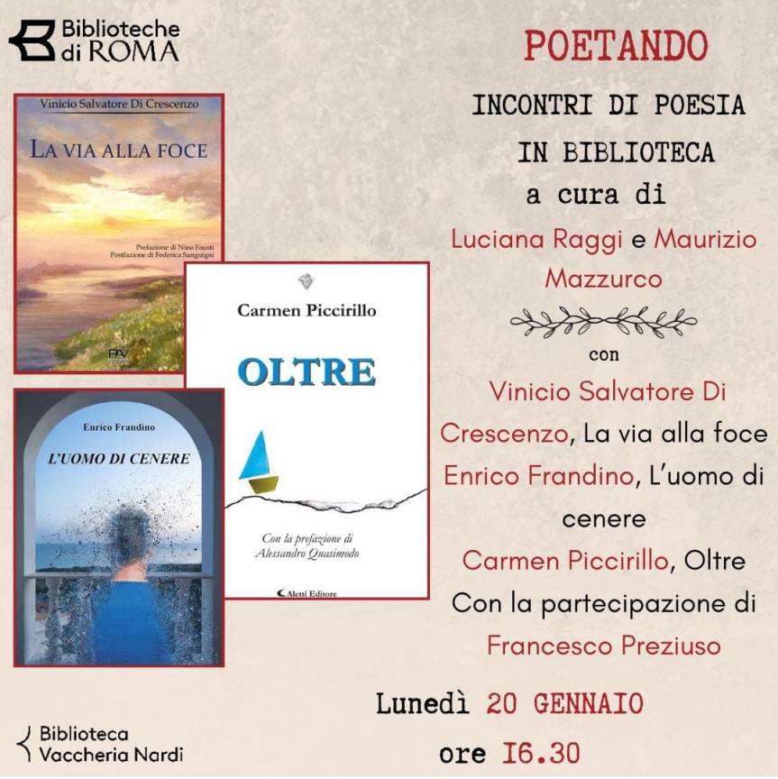 ROMA: TRE POETI IN BIBILIOTECA VACCHERIA NARDI PER DISCUTERE DI&nbsp;ANIMA