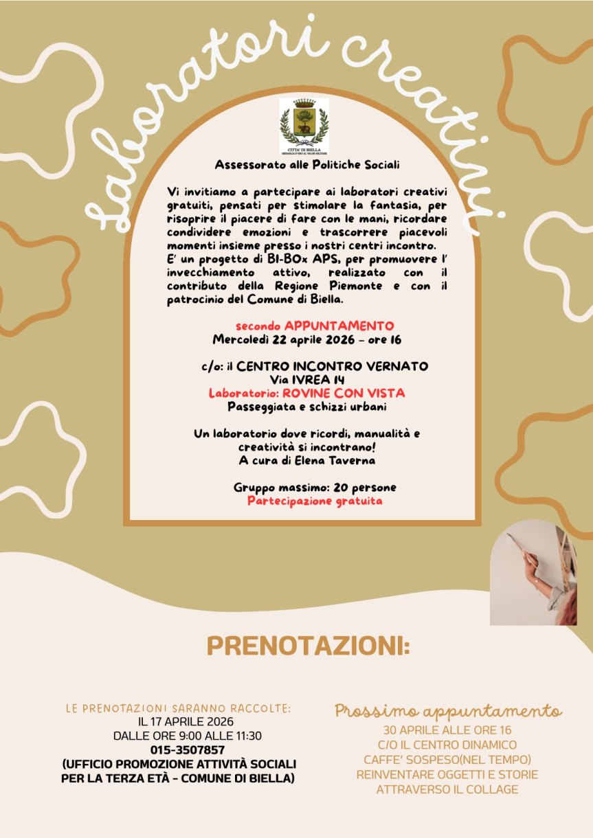 Biella, proseguono i “Laboratori creativi” per l’invecchiamento attivo: secondo appuntamento il 22&nbsp;aprile
